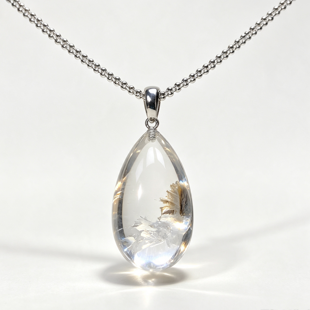 Natural White Phantom Quartz Teardrop Pendant Necklace