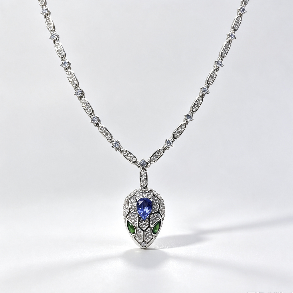 Luxury Snake‑Head Pendant Necklace, Blue & Green Gemstone Evening Jewelry
