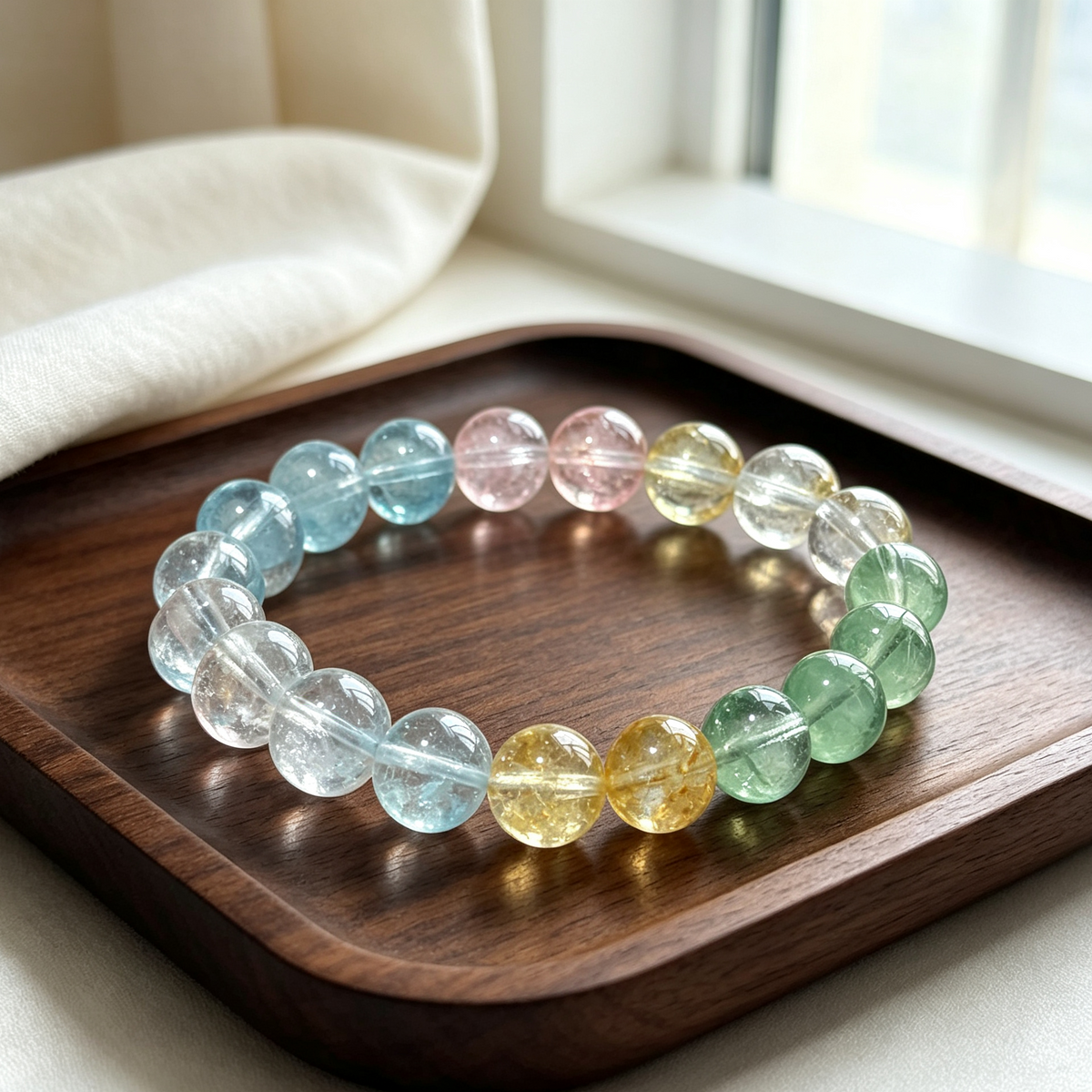 Natural Multi‑Color Topaz Stretch Bracelet, Rainbow Round Topaz Bead Bracelet