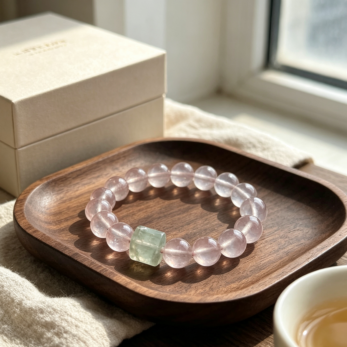 Natural Rose Quartz Stretch Bracelet, Fluorite Square Accent Bead Pink Crystal Bracelet