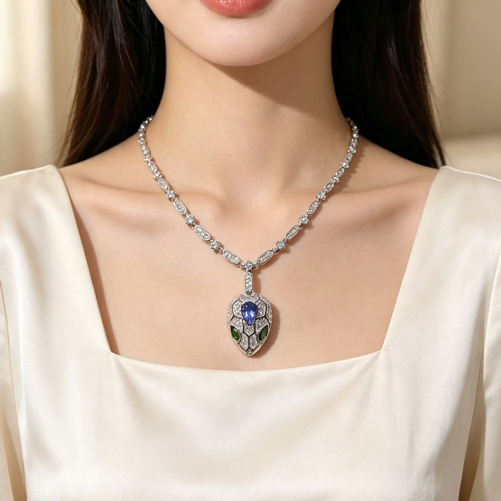 Luxury Snake‑Head Pendant Necklace, Blue & Green Gemstone Evening Jewelry