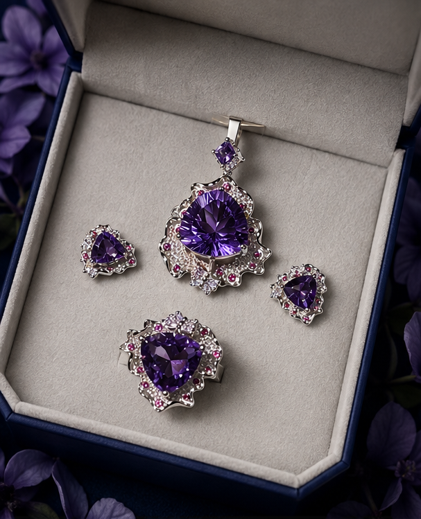 Natural Amethyst 3‑Piece Jewelry Set, Triangle‑Cut Amethyst Pendant, Ring & Stud Earrings, Royal Purple Statement Healing Crystal Jewelry Set
