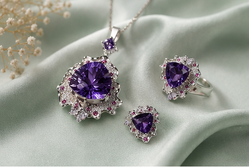 Natural Amethyst 3‑Piece Jewelry Set, Triangle‑Cut Amethyst Pendant, Ring & Stud Earrings, Royal Purple Statement Healing Crystal Jewelry Set