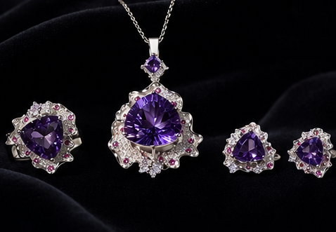 Natural Amethyst 3‑Piece Jewelry Set, Triangle‑Cut Amethyst Pendant, Ring & Stud Earrings, Royal Purple Statement Healing Crystal Jewelry Set