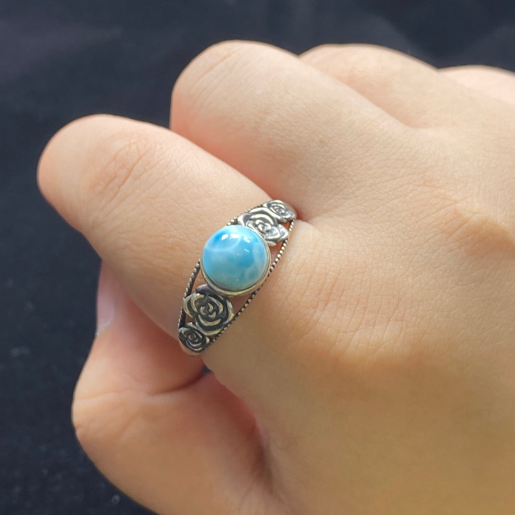 Larimar Sterling Silver Ring with Rose Filigree