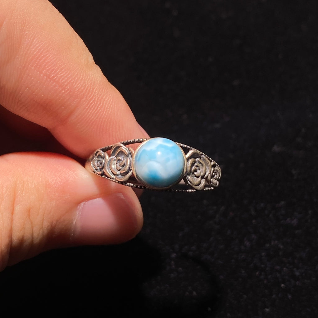 Larimar Sterling Silver Ring with Rose Filigree