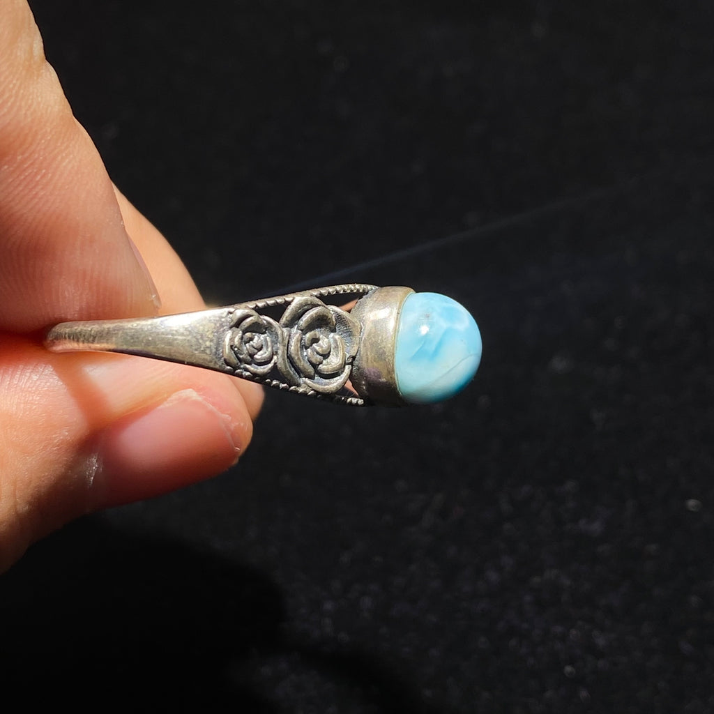 Larimar Sterling Silver Ring with Rose Filigree