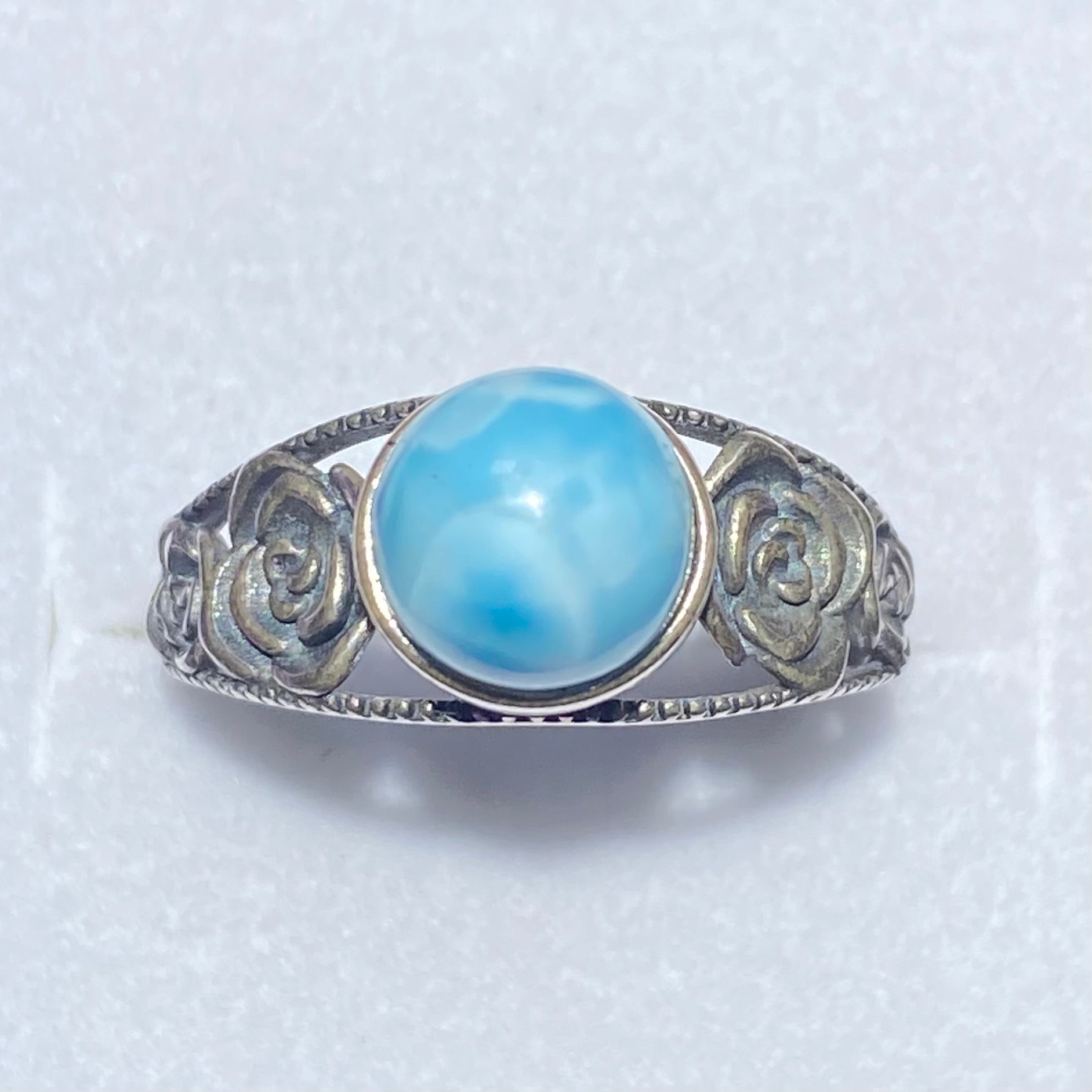 Larimar Sterling Silver Ring with Rose Filigree