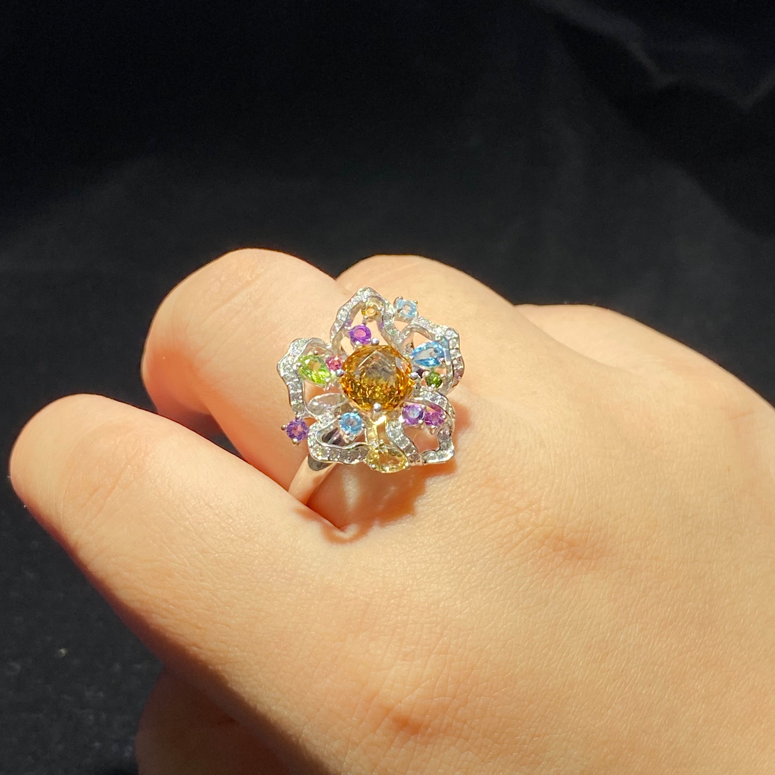 Citrine with Multi-Gemstone Flower Sterling Silver Ring