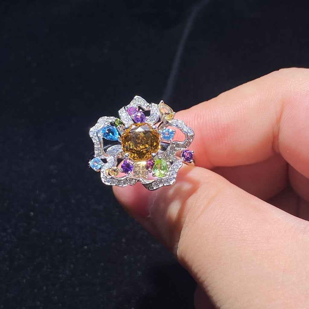 Citrine with Multi-Gemstone Flower Sterling Silver Ring