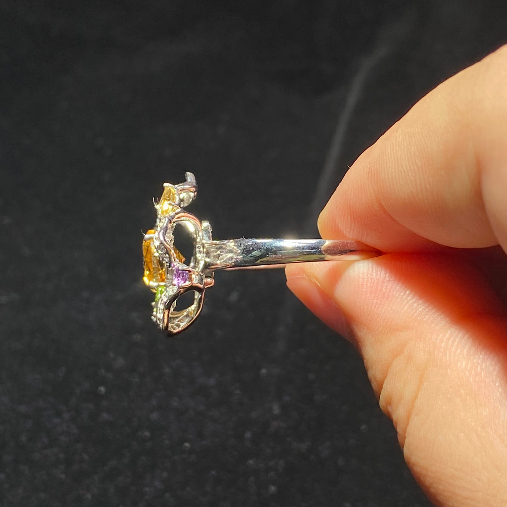 Citrine with Multi-Gemstone Flower Sterling Silver Ring