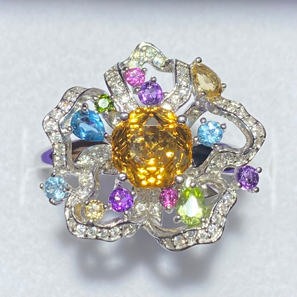 Citrine with Multi-Gemstone Flower Sterling Silver Ring