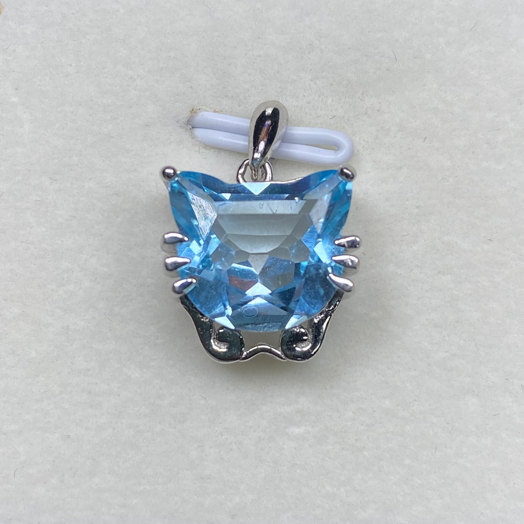 Delicate Cat Blue Topaz Pendant - Sterling Silver Statement Jewelry