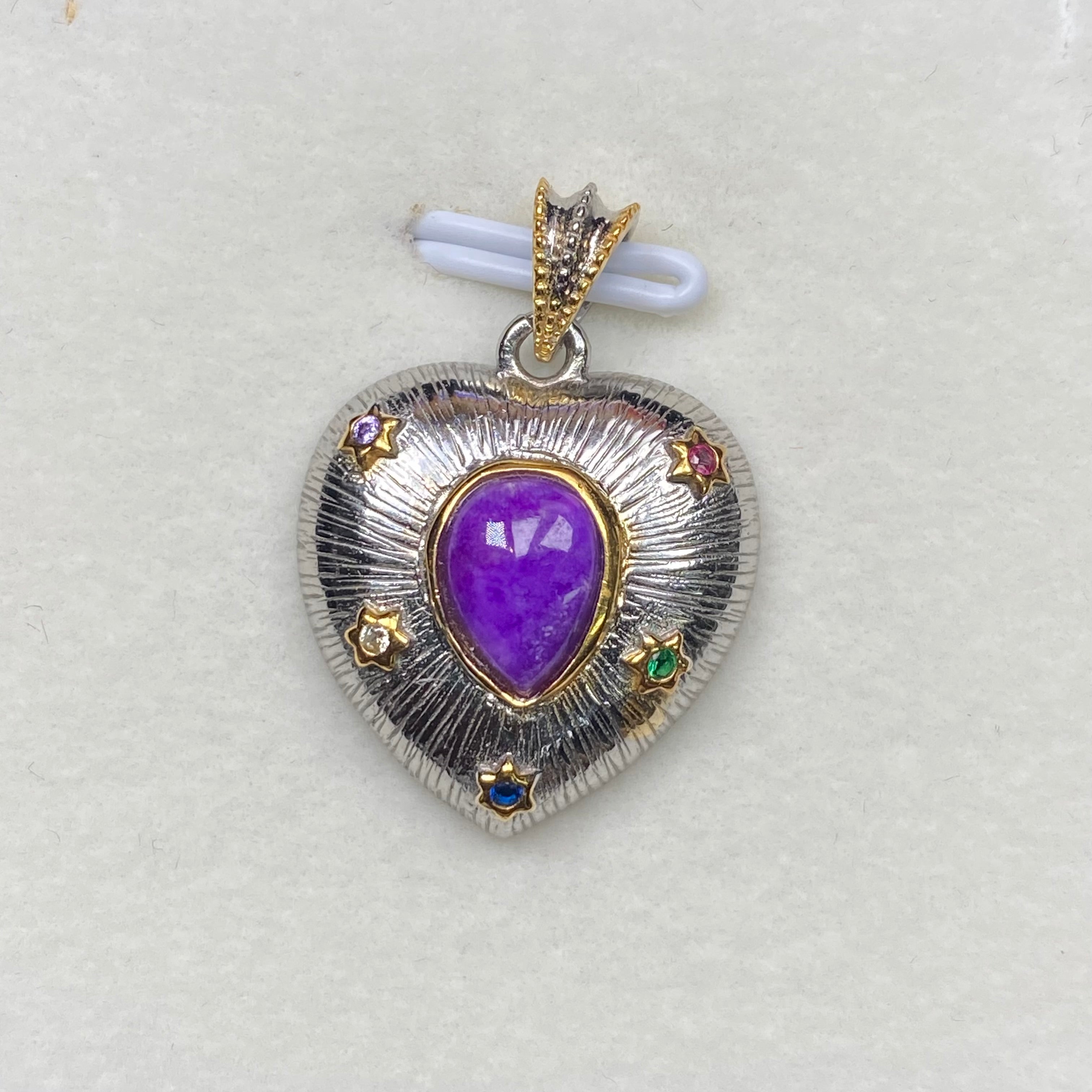 Natural Sugilite Heart Pendant - Vintage Two-Tone Sterling Silver Jewelry