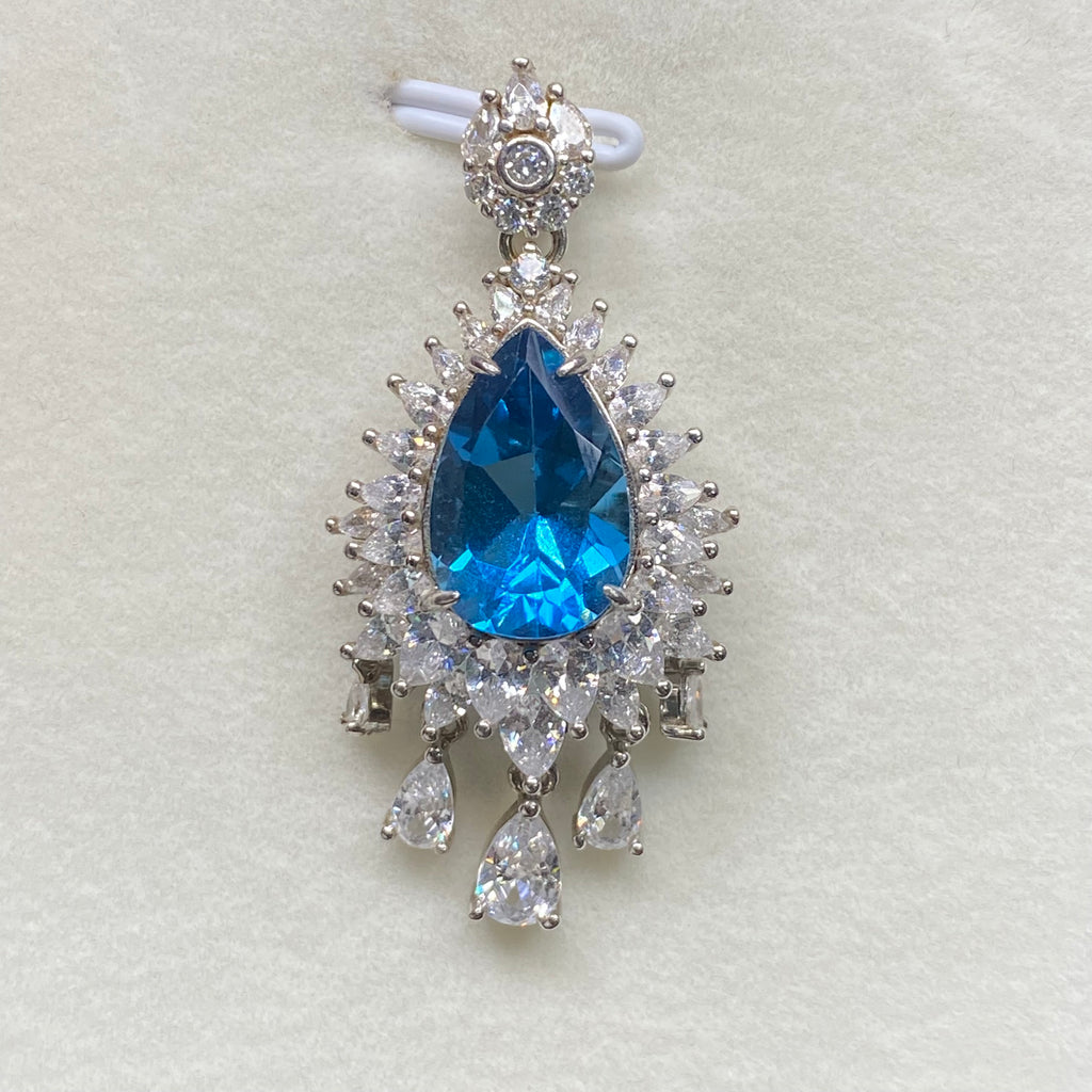 London Blue Topaz Teardrop Shape Halo Pendant - Sterling Silver Statement Jewelry