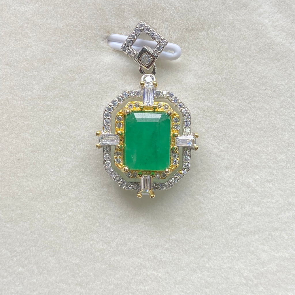 Emerald-Cut Green Emerald S925 Pendant - Vintage Two-Tone Statement Jewelry
