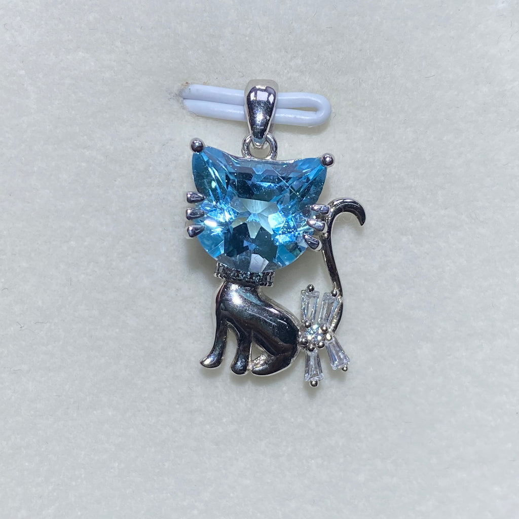 Cute Cat-Shaped Blue Topaz Pendant - Sterling Silver Jewelry