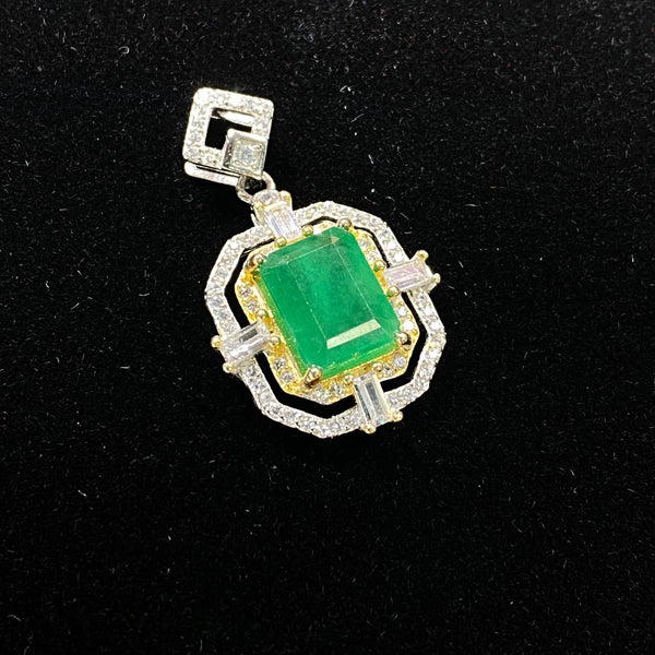 Emerald-Cut Green Emerald S925 Pendant - Vintage Two-Tone Statement Jewelry