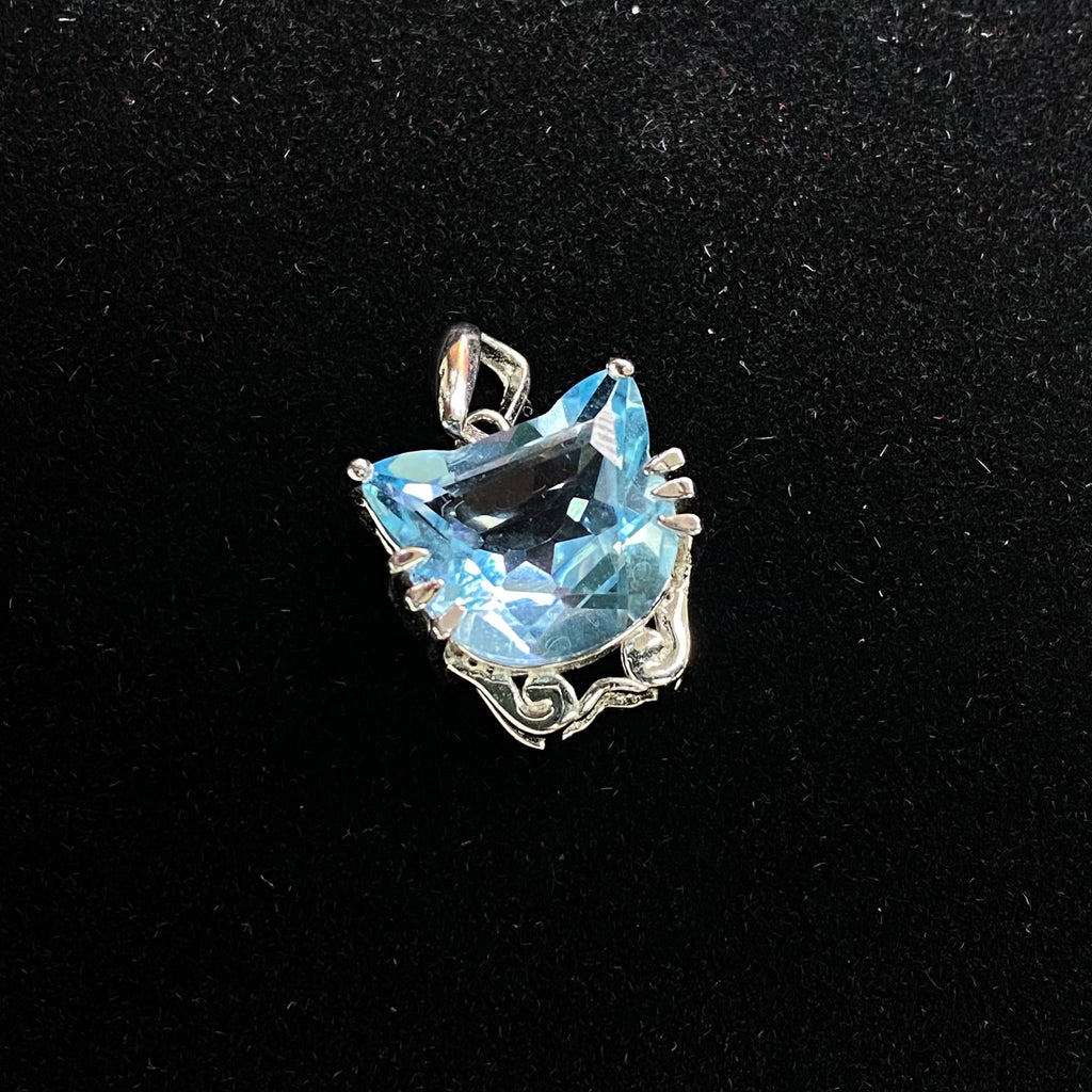 Delicate Cat Blue Topaz Pendant - Sterling Silver Statement Jewelry