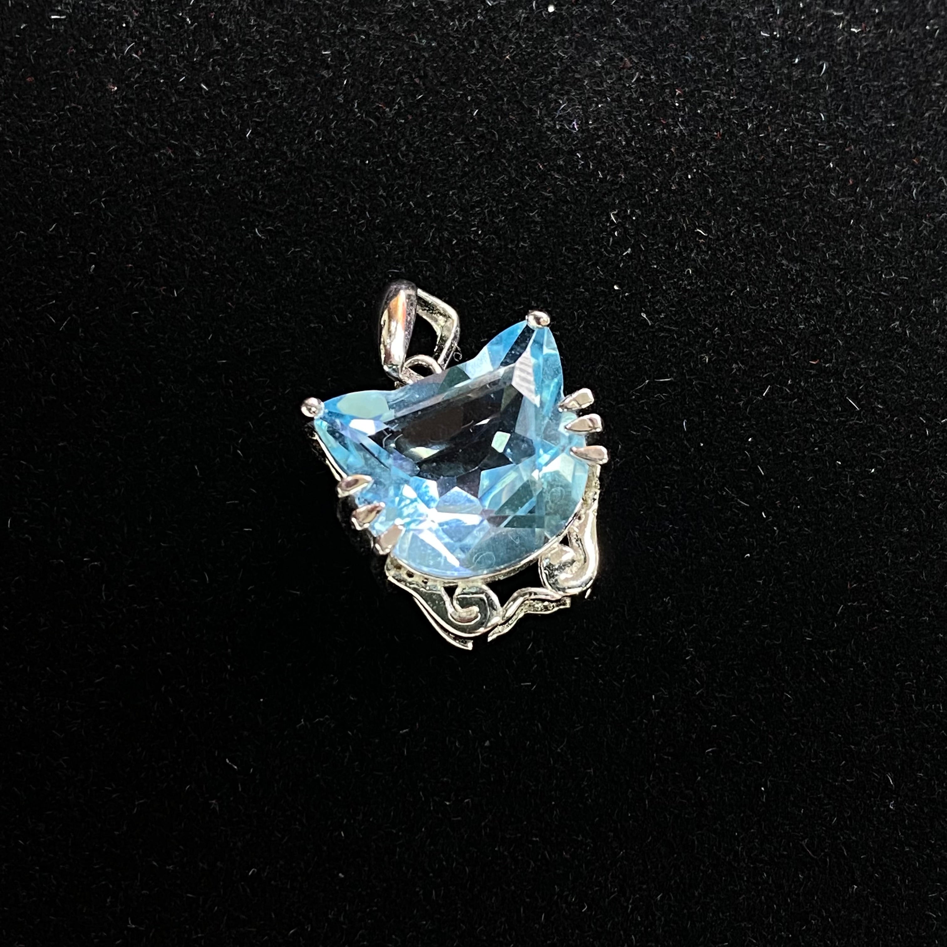 Delicate Cat Blue Topaz Pendant - Sterling Silver Statement Jewelry
