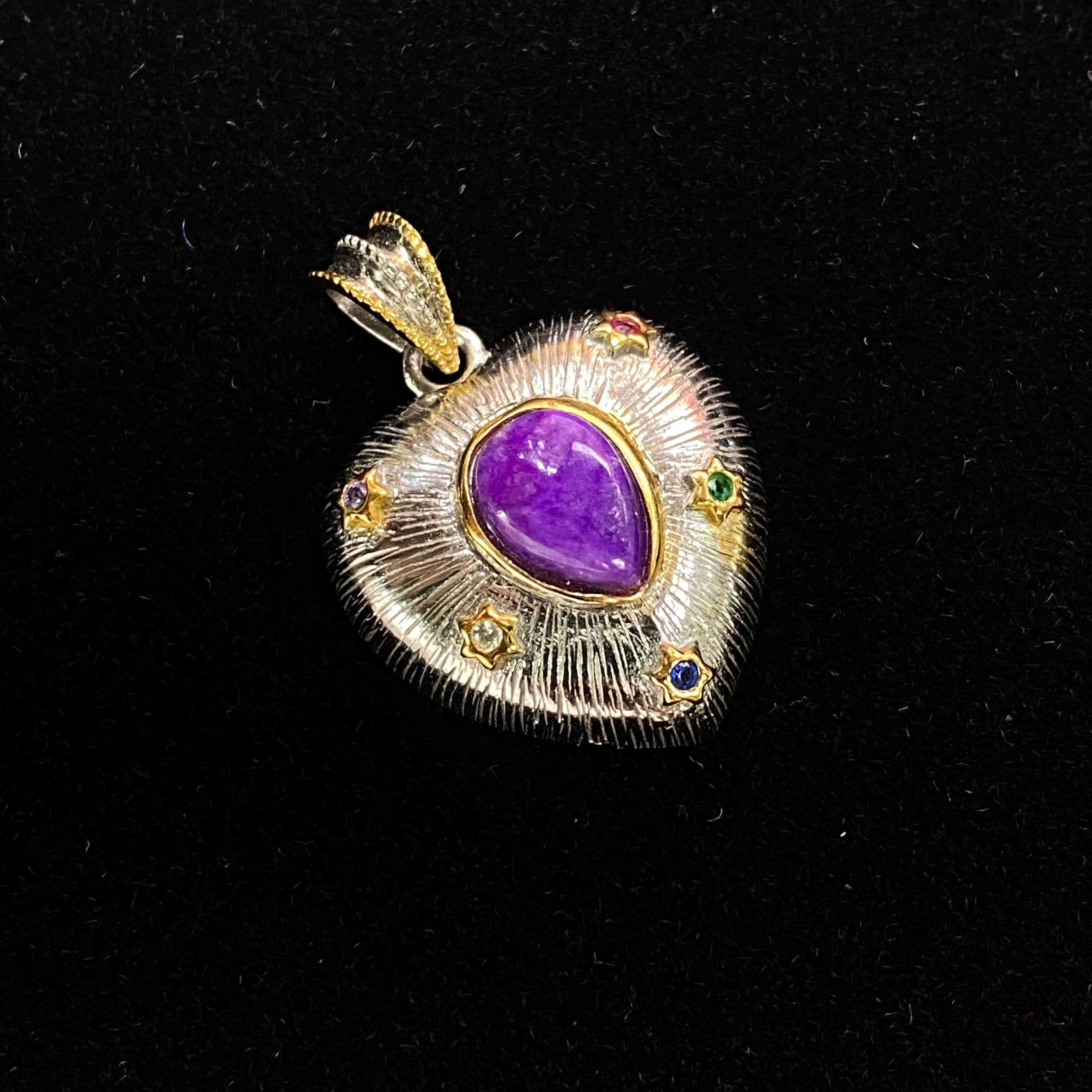 Natural Sugilite Heart Pendant - Vintage Two-Tone Sterling Silver Jewelry