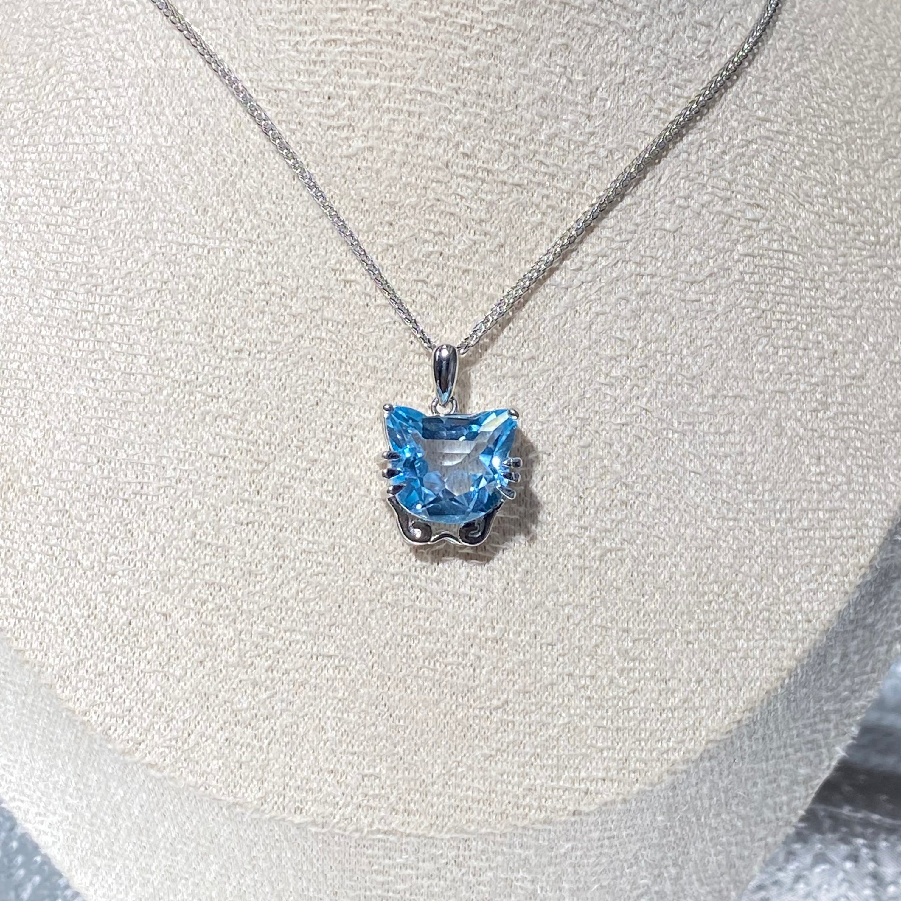 Delicate Cat Blue Topaz Pendant - Sterling Silver Statement Jewelry