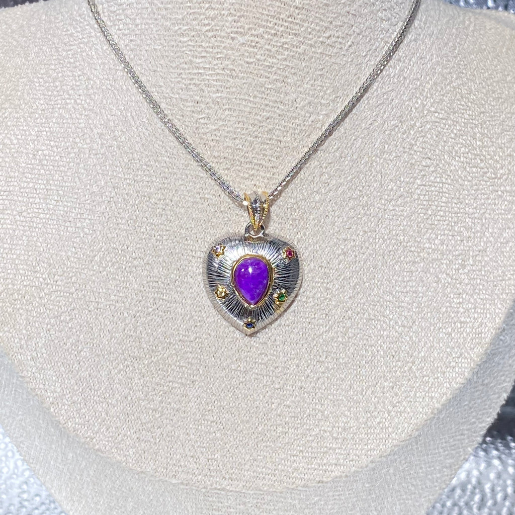Natural Sugilite Heart Pendant - Vintage Two-Tone Sterling Silver Jewelry