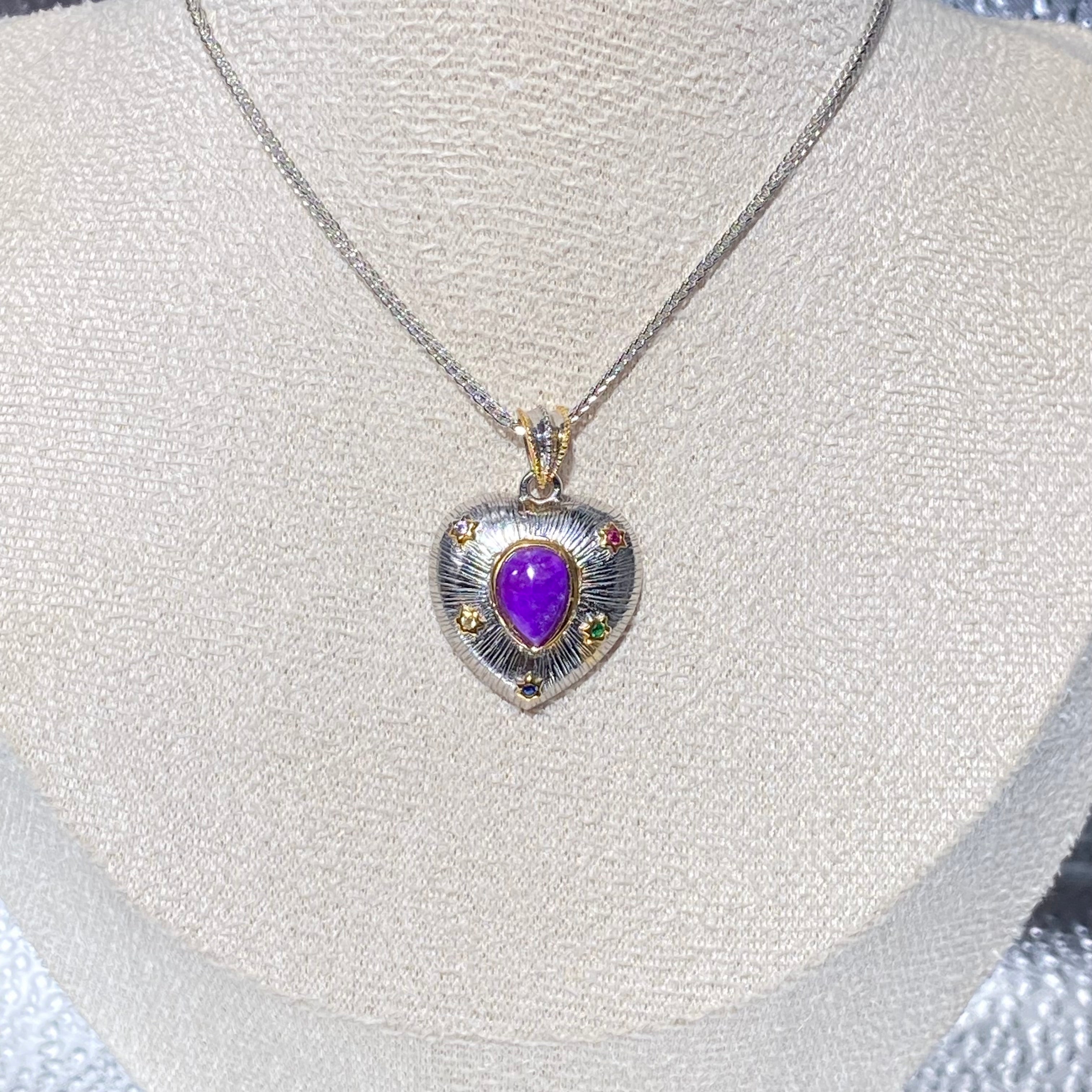 Natural Sugilite Heart Pendant - Vintage Two-Tone Sterling Silver Jewelry