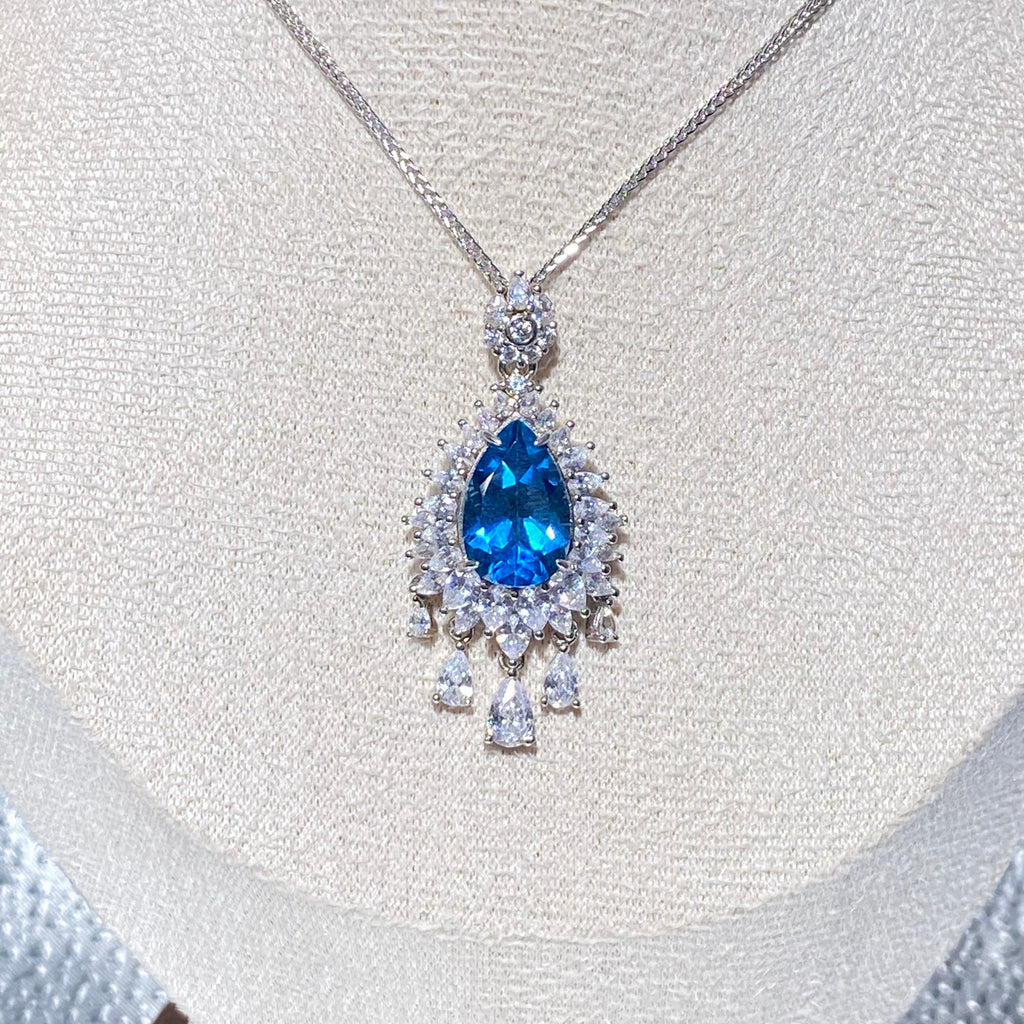 London Blue Topaz Teardrop Shape Halo Pendant - Sterling Silver Statement Jewelry