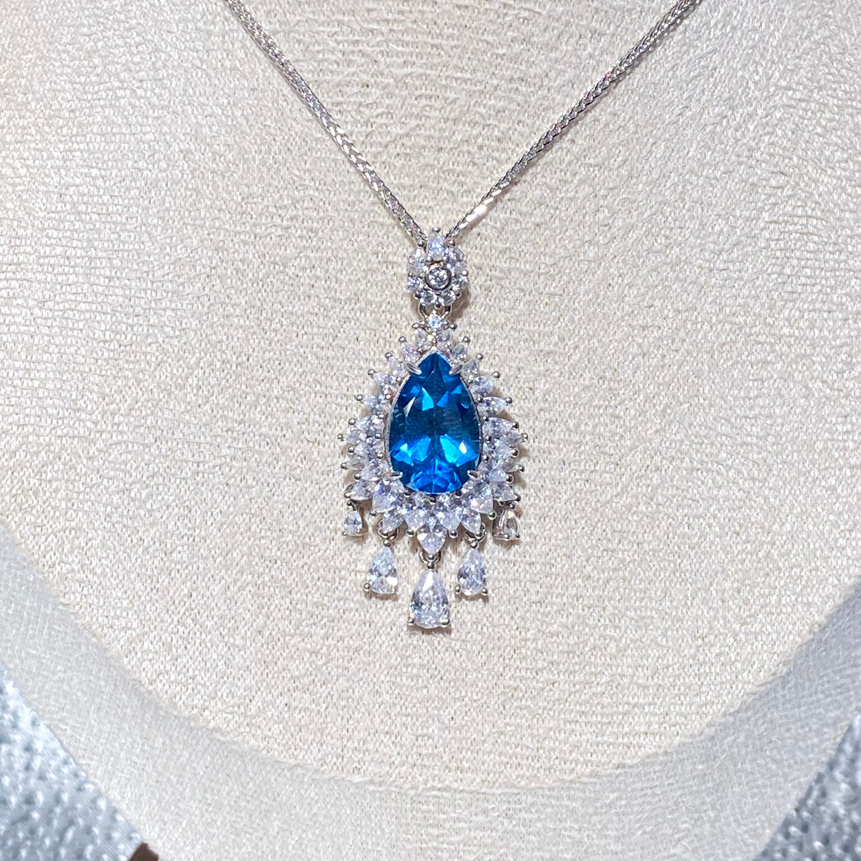 London Blue Topaz Teardrop Shape Halo Pendant - Sterling Silver Statement Jewelry