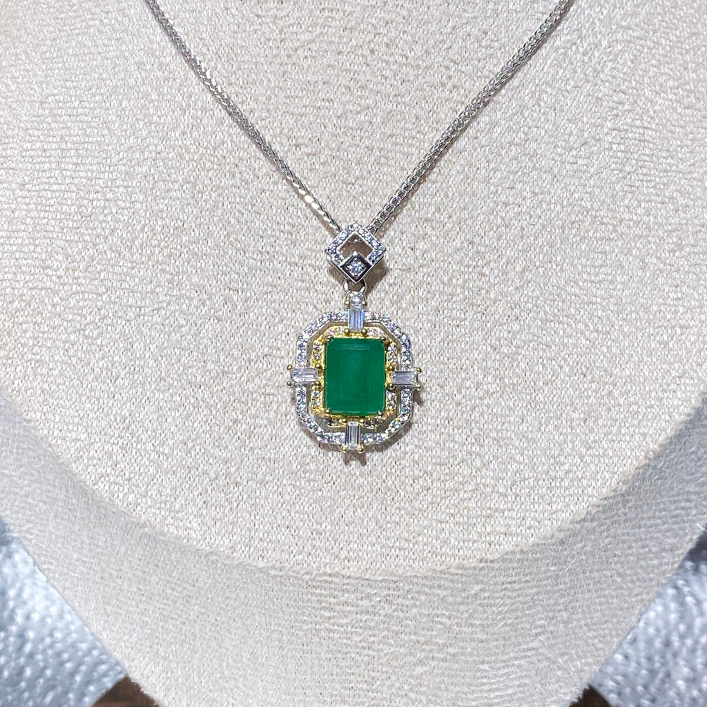Emerald-Cut Green Emerald S925 Pendant - Vintage Two-Tone Statement Jewelry