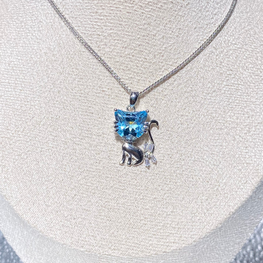 Cute Cat-Shaped Blue Topaz Pendant - Sterling Silver Jewelry
