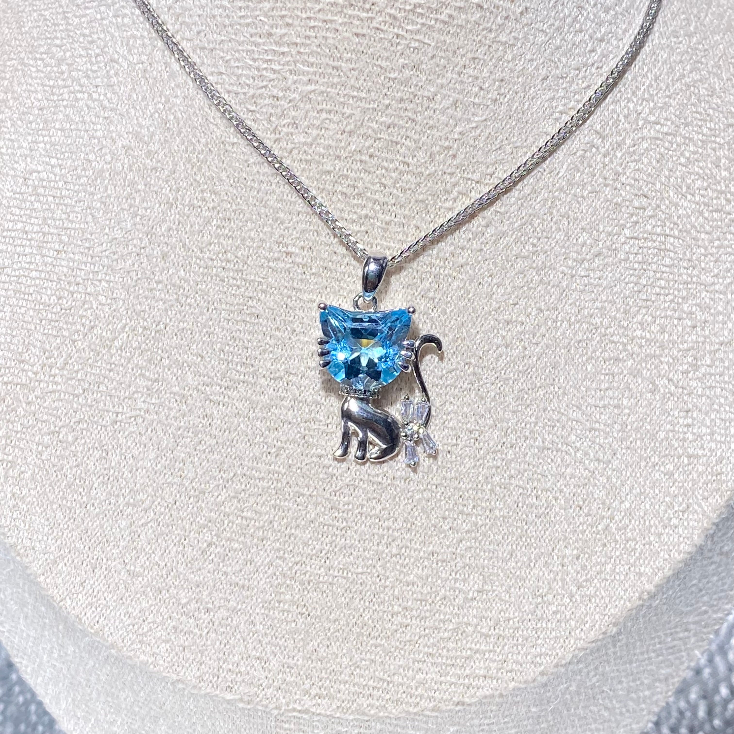 Cute Cat-Shaped Blue Topaz Pendant - Sterling Silver Jewelry