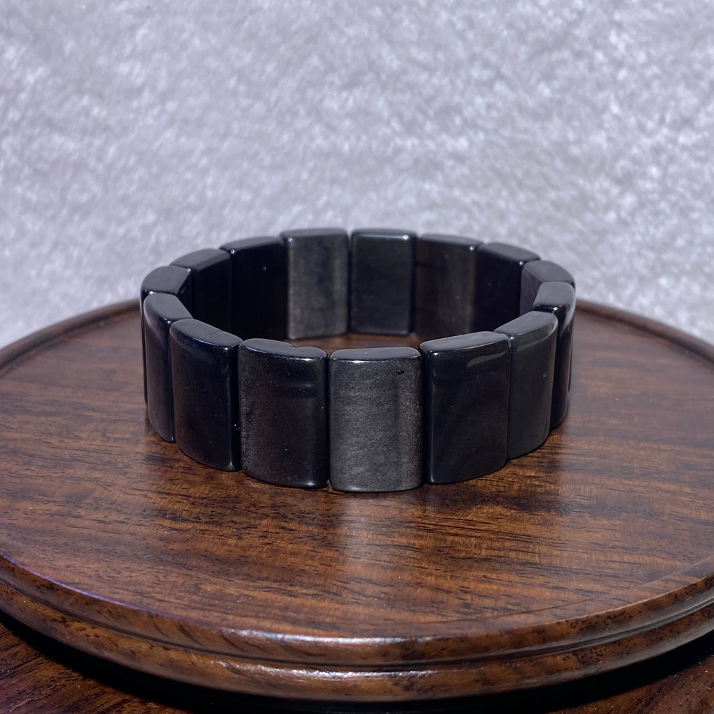 Natural Silver Sheen Obsidian Rectangle Stretch Protection Crystal soft Bangle Bracelet Glossy black silver flash slab unisex stress relief grounding wristband