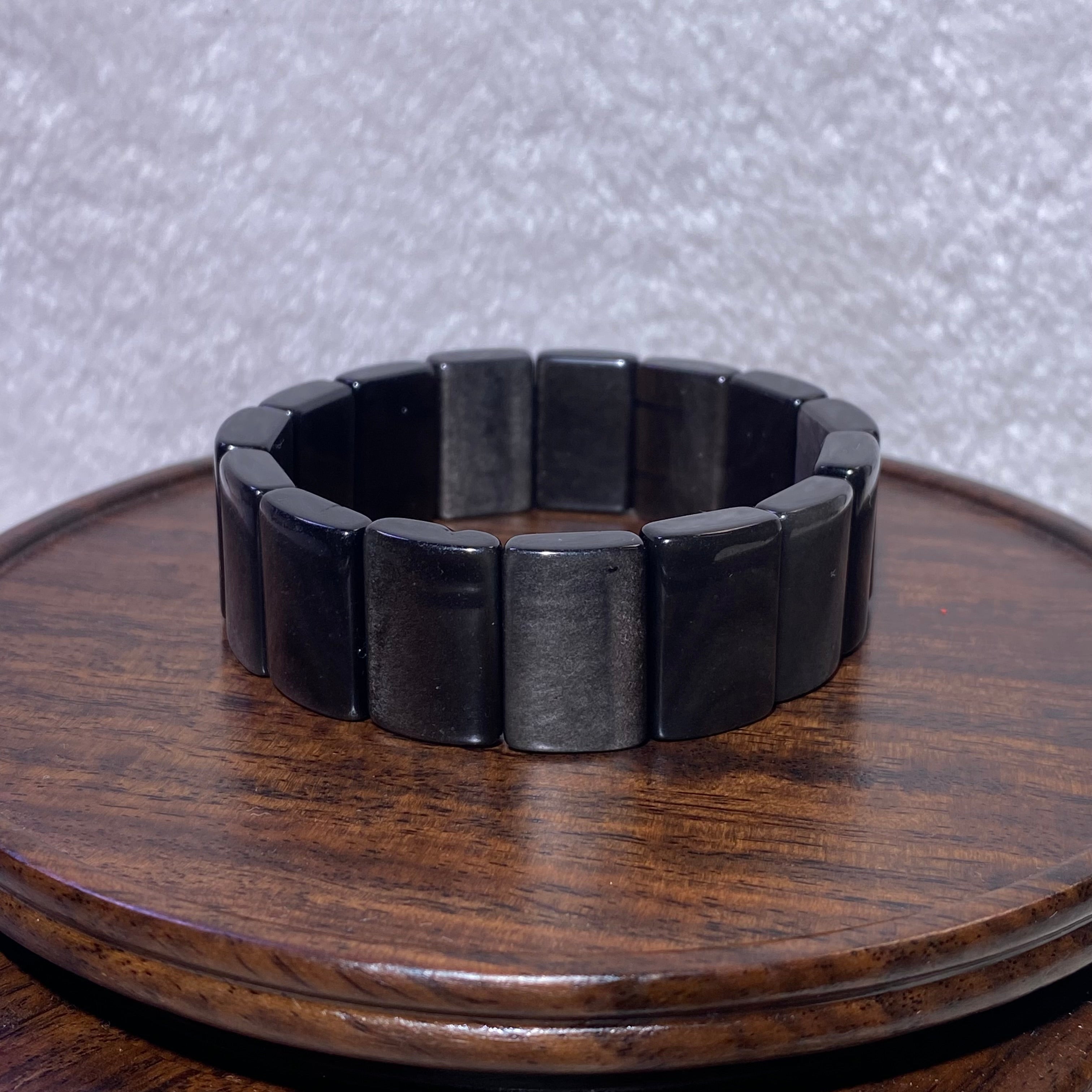 Natural Silver Sheen Obsidian Rectangle Stretch Protection Crystal soft Bangle Bracelet Glossy black silver flash slab unisex stress relief grounding wristband