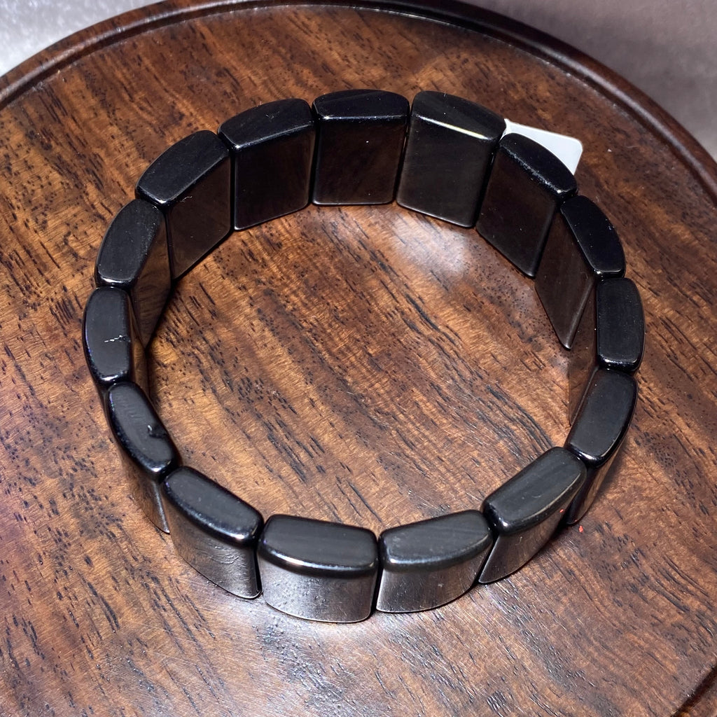 Natural Silver Sheen Obsidian Rectangle Stretch Protection Crystal soft Bangle Bracelet Glossy black silver flash slab unisex stress relief grounding wristband
