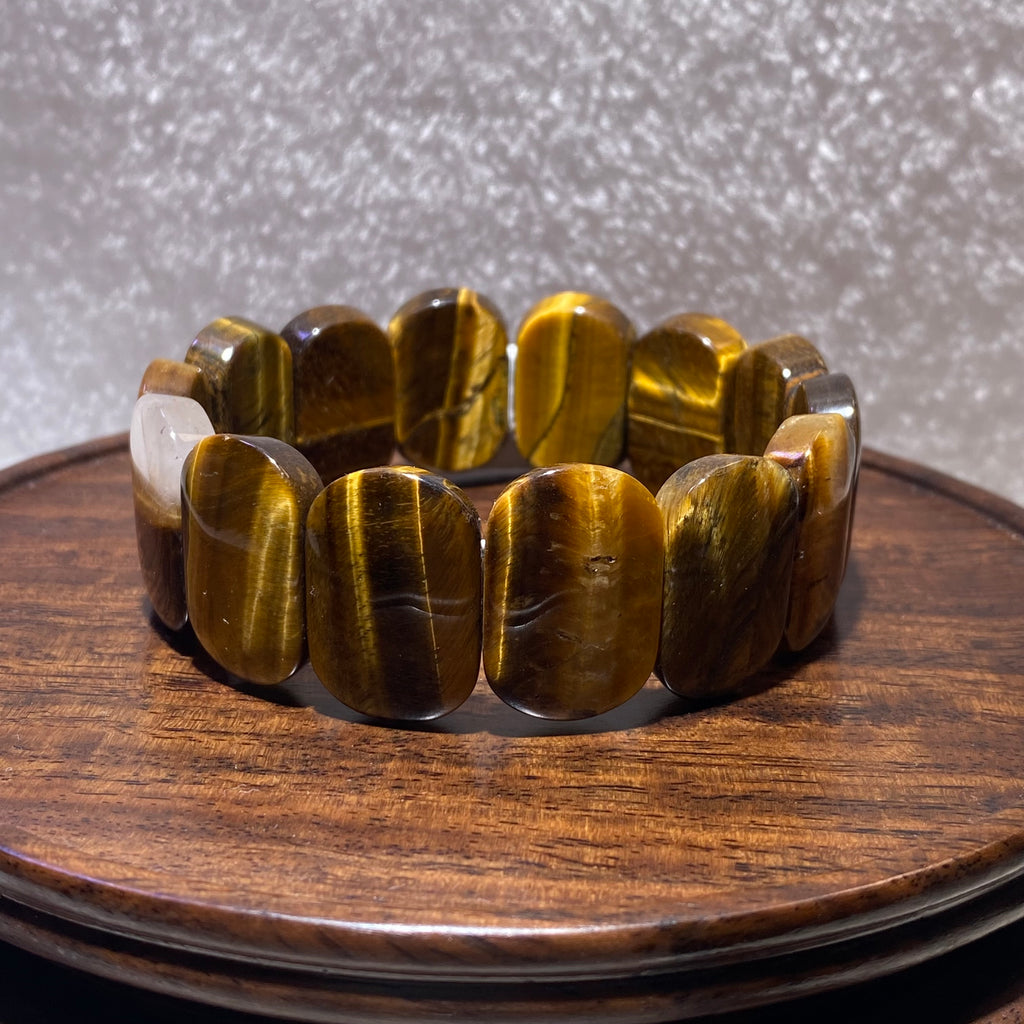 Natural Golden Tiger Eye Rectangle Stretch Confidence Abundance Crystal soft Bangle Bracelet Glossy golden brown striped slab unisex wealth courage grounding wristband