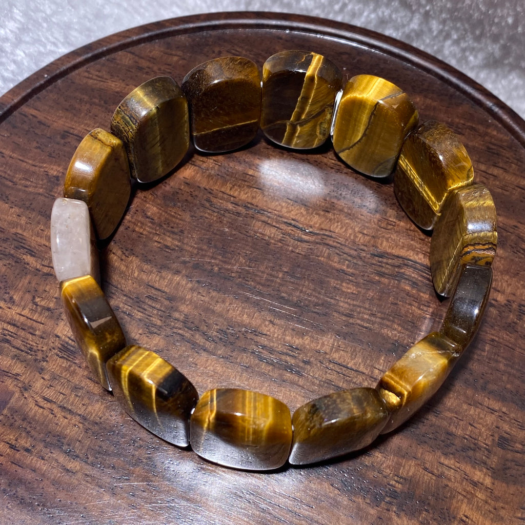 Natural Golden Tiger Eye Rectangle Stretch Confidence Abundance Crystal soft Bangle Bracelet Glossy golden brown striped slab unisex wealth courage grounding wristband
