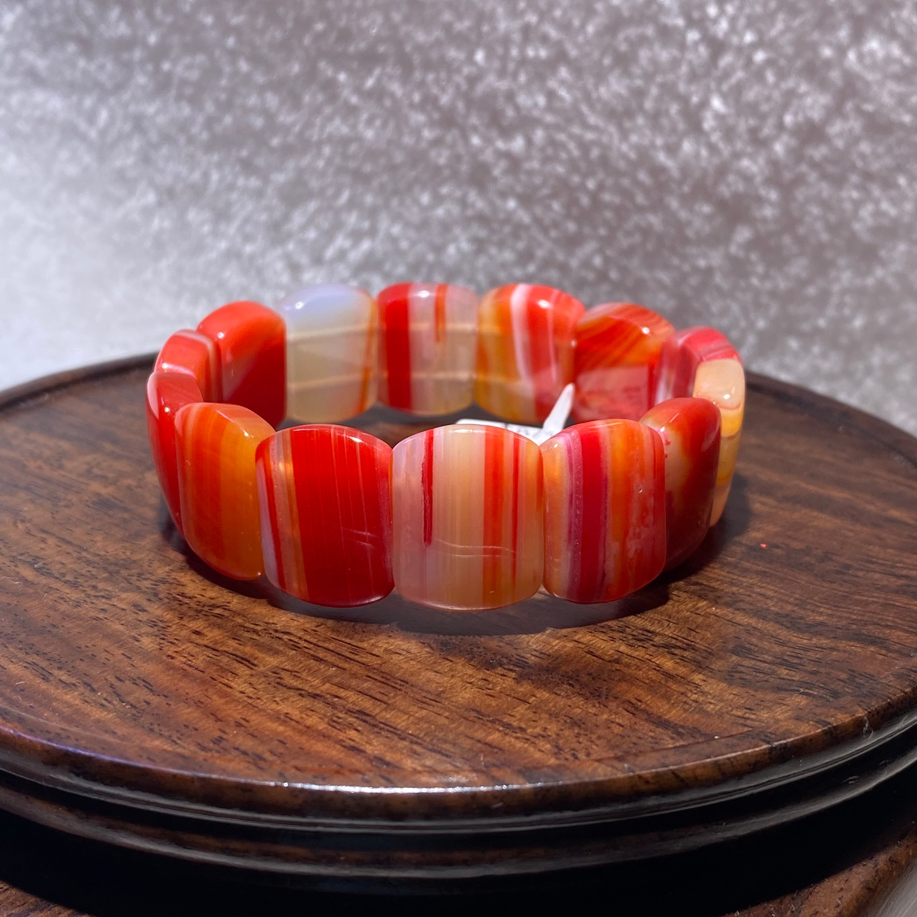 Dyed Red Banded Layered Agate Flat Slab Stretch Soft Bangle Glossy warm red striped agate close-fitting stretch crystal wrist bangle