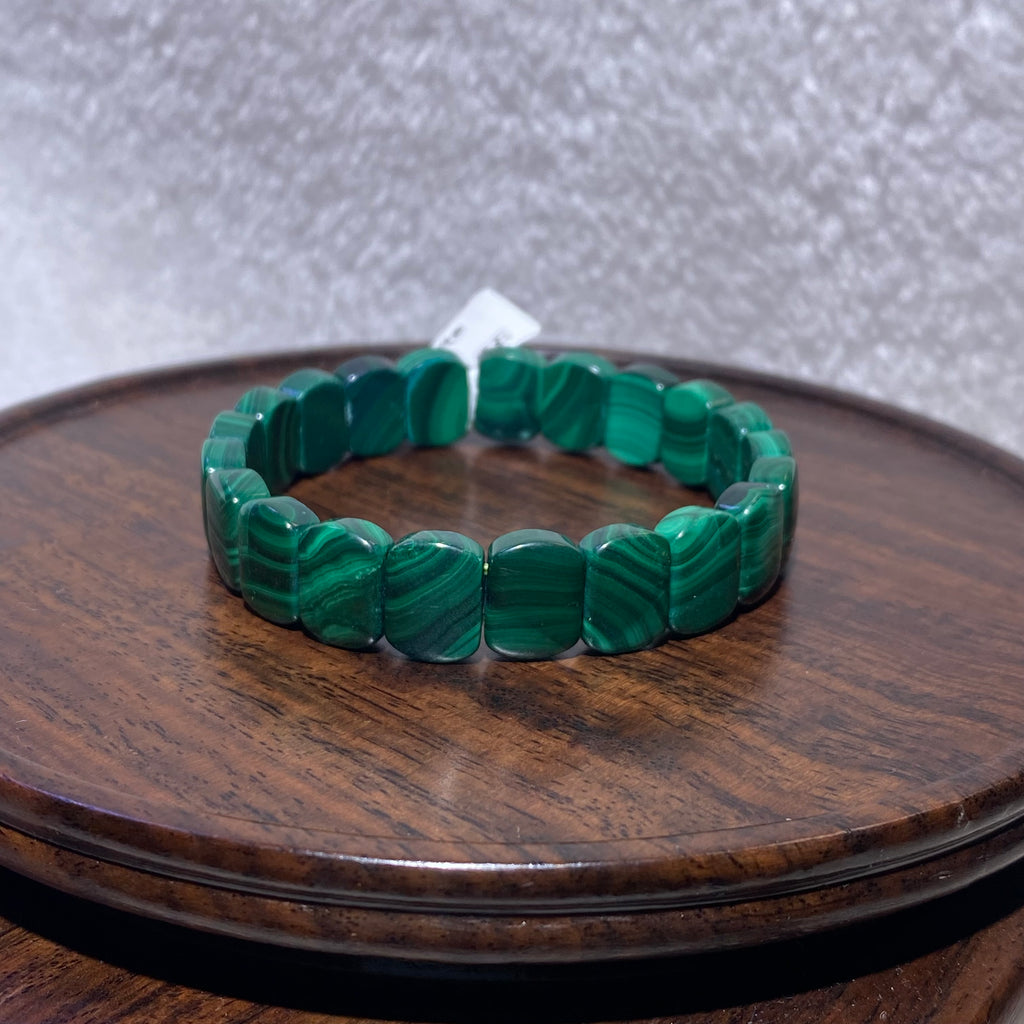Natural Banded Green Malachite Flat Slab Stretch Soft Bangle Polished layered malachite heart chakra protection healing wrist bangle