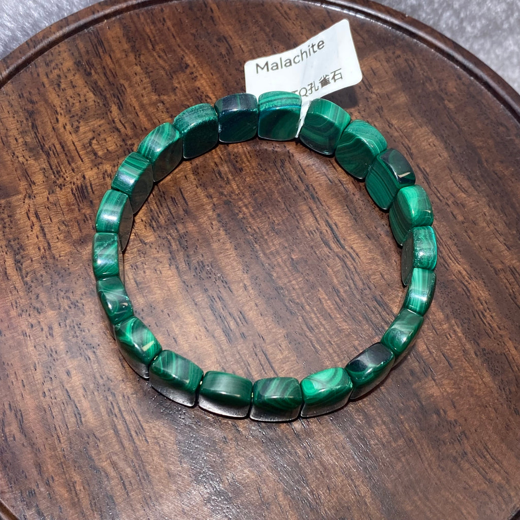 Natural Banded Green Malachite Flat Slab Stretch Soft Bangle Polished layered malachite heart chakra protection healing wrist bangle