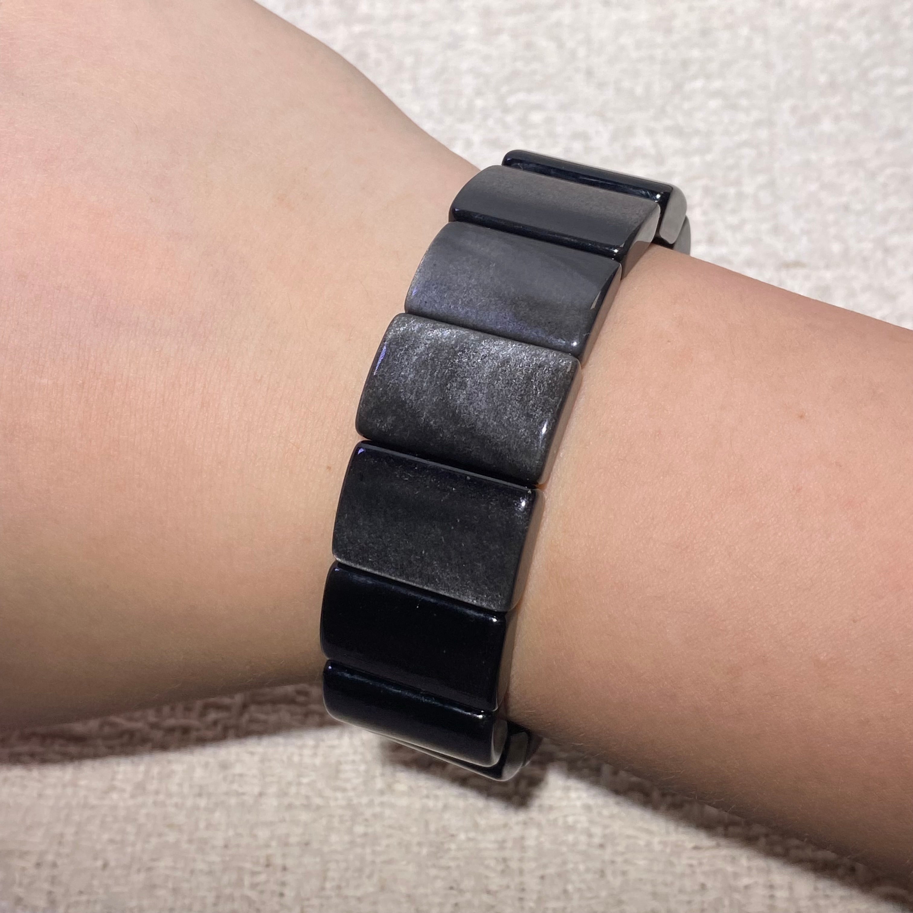 Natural Silver Sheen Obsidian Rectangle Stretch Protection Crystal soft Bangle Bracelet Glossy black silver flash slab unisex stress relief grounding wristband
