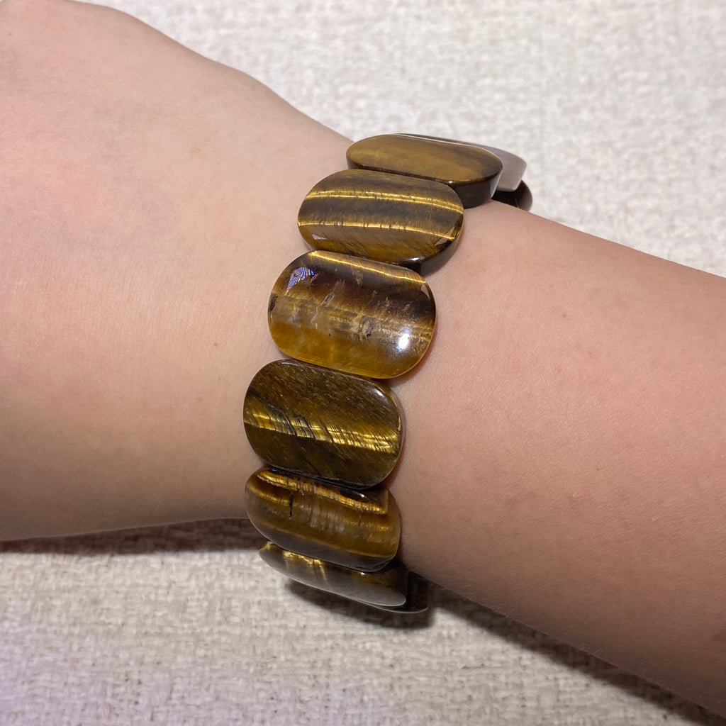 Natural Golden Tiger Eye Rectangle Stretch Confidence Abundance Crystal soft Bangle Bracelet Glossy golden brown striped slab unisex wealth courage grounding wristband