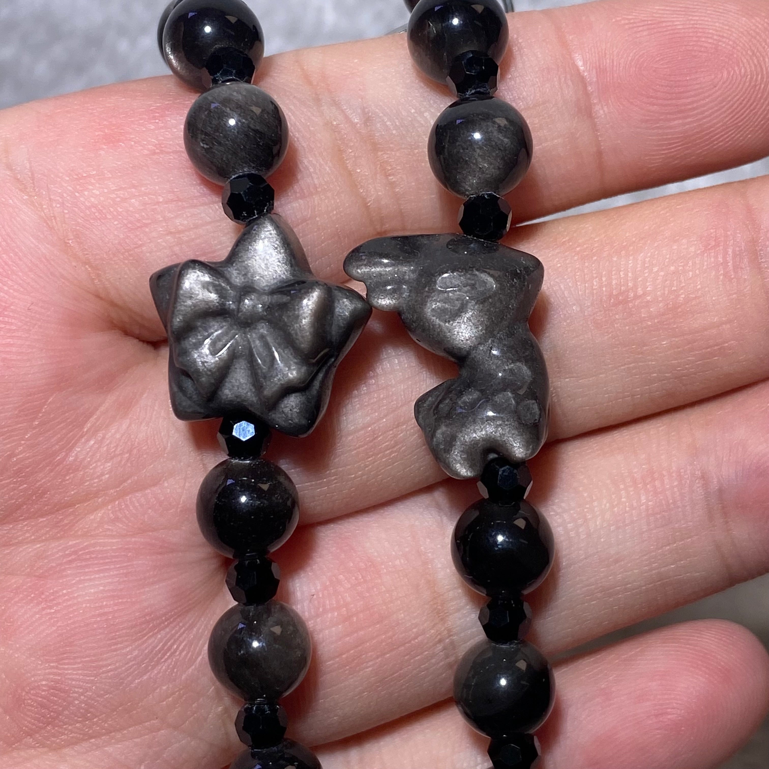 Silver Sheen Obsidian Bow & Rabbit Dual Use Beaded Bracelet / Bag Charm Glossy black silver flash obsidian bow rabbit carving mini bead wrist chain with toggle clasp