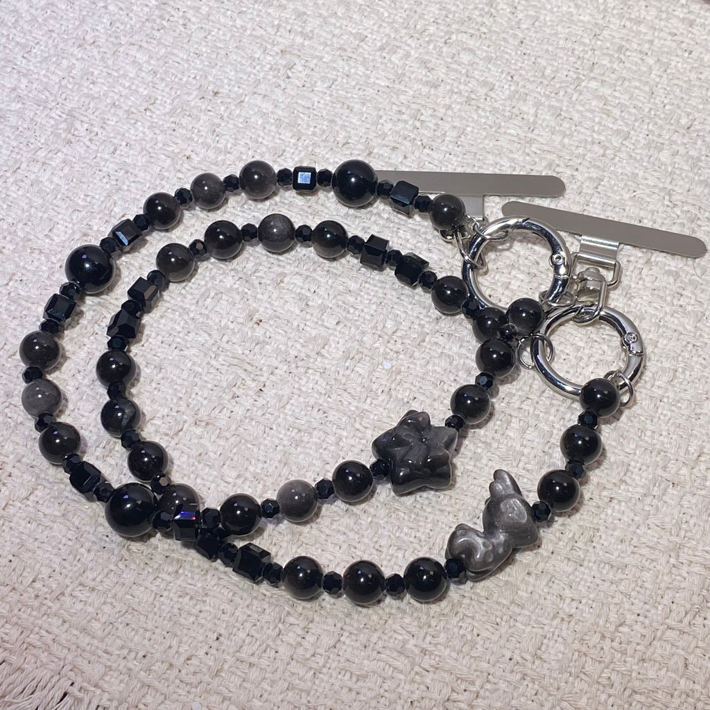 Silver Sheen Obsidian Bow & Rabbit Dual Use Beaded Bracelet / Bag Charm Glossy black silver flash obsidian bow rabbit carving mini bead wrist chain with toggle clasp