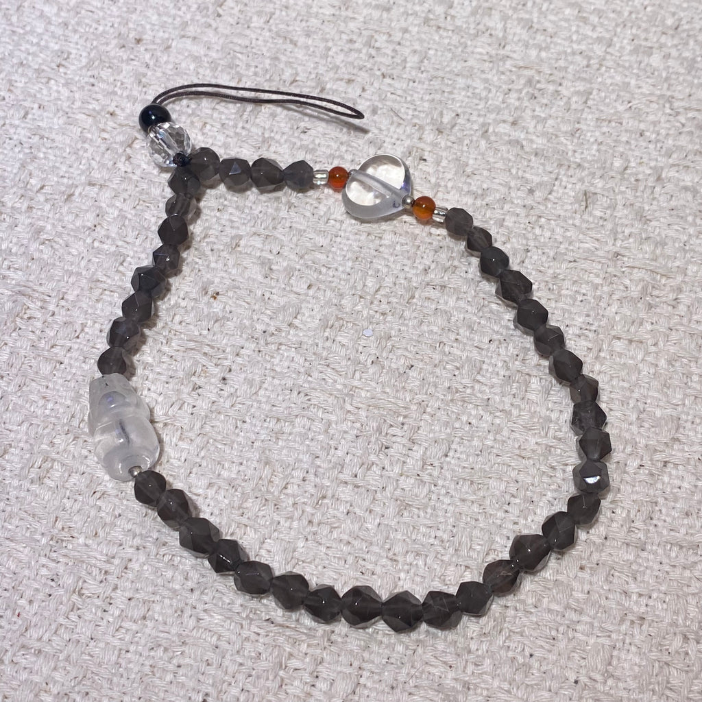 Natural Smoky Quartz Buddha Multi-Use Beaded Bracelet / Phone Lanyard / Bag Charm Transparent smoky brown faceted crystal with carved lucky buddha pendant adjustable thin wrist chain