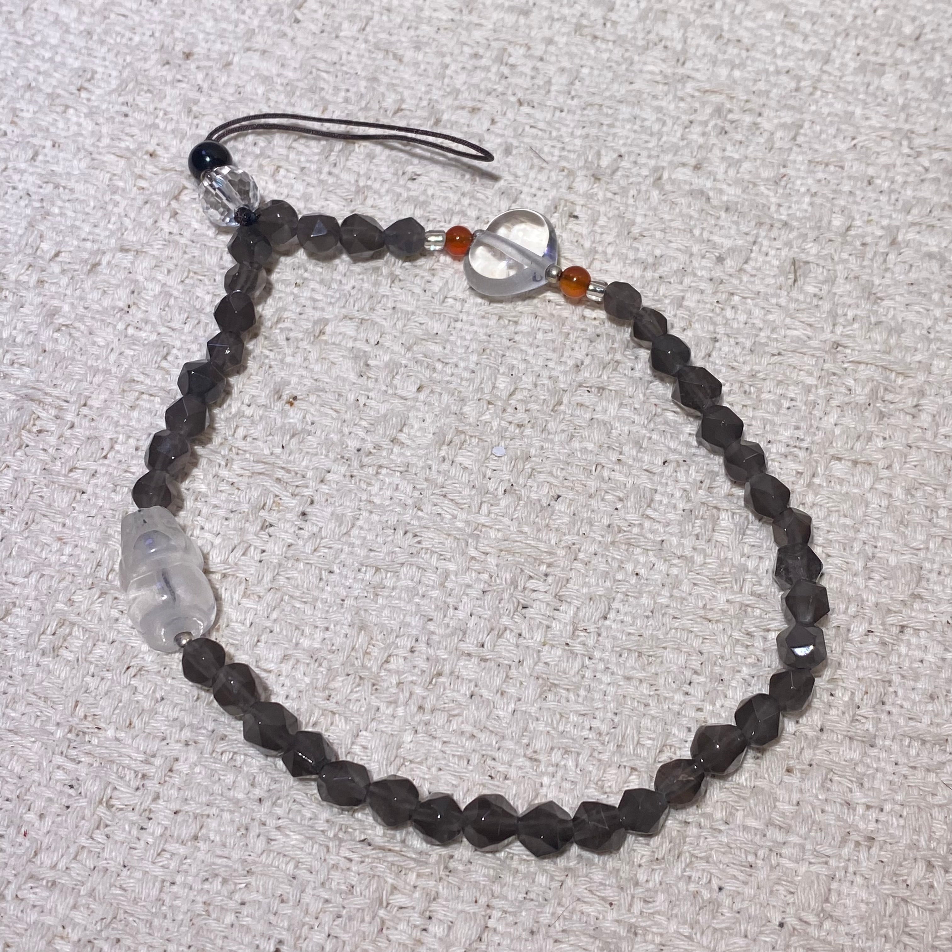 Natural Smoky Quartz Buddha Multi-Use Beaded Bracelet / Phone Lanyard / Bag Charm Transparent smoky brown faceted crystal with carved lucky buddha pendant adjustable thin wrist chain