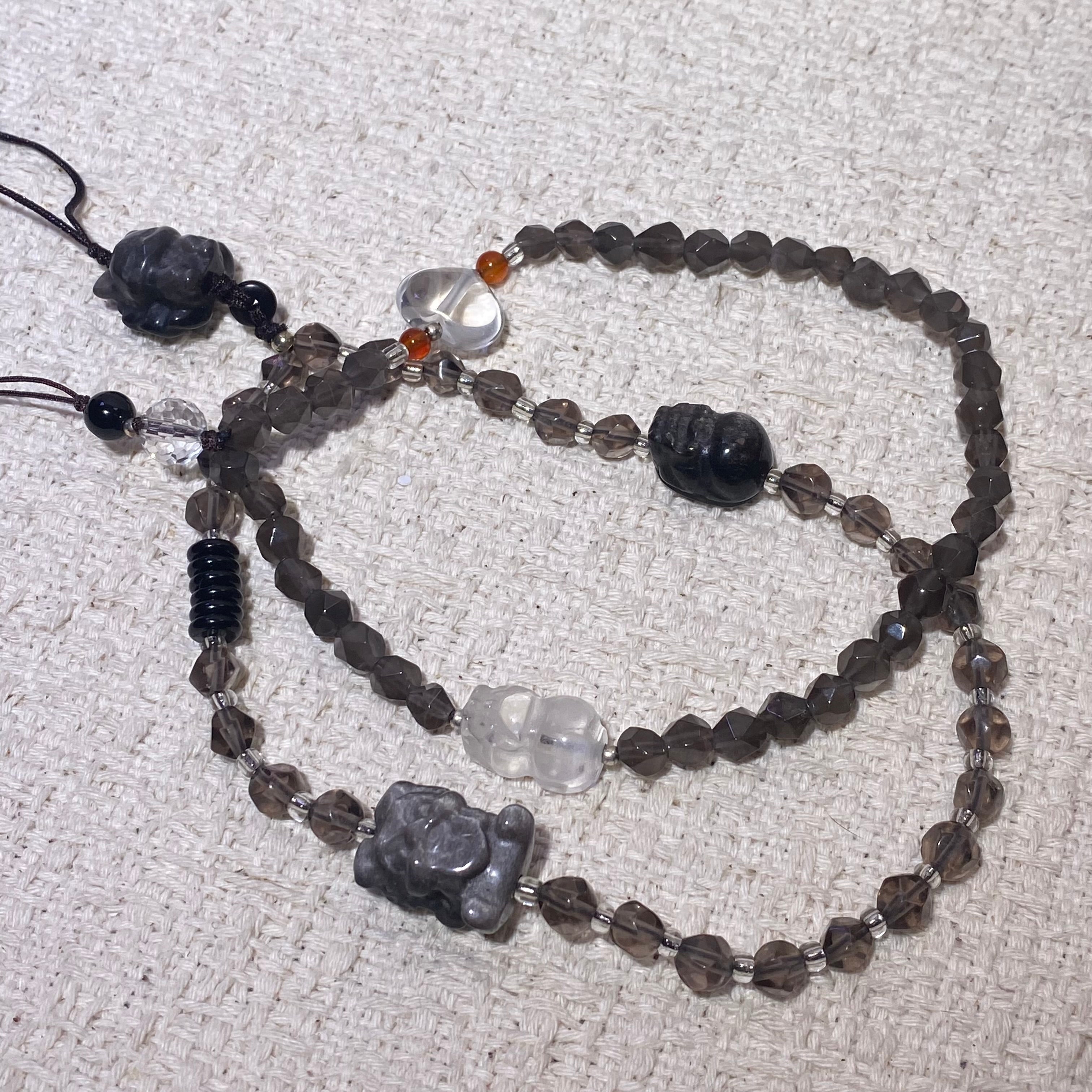 Natural Smoky Quartz Buddha Multi-Use Beaded Bracelet / Phone Lanyard / Bag Charm Transparent smoky brown faceted crystal with carved lucky buddha pendant adjustable thin wrist chain
