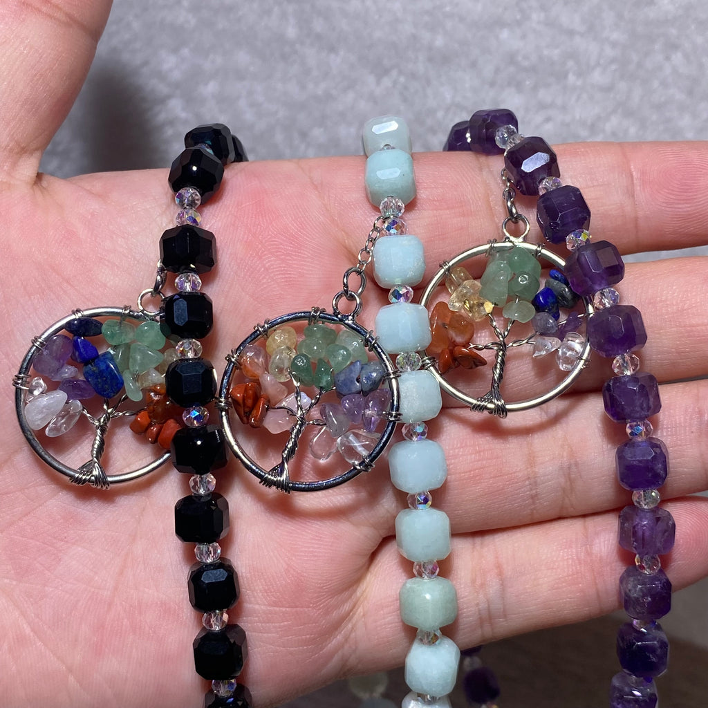 7 Chakra Tree of Life Natural Crystal Beaded Bracelet with OT Toggle Clasp Balancing chakra energy tree pendant dainty stackable wristband, 3 stone styles available