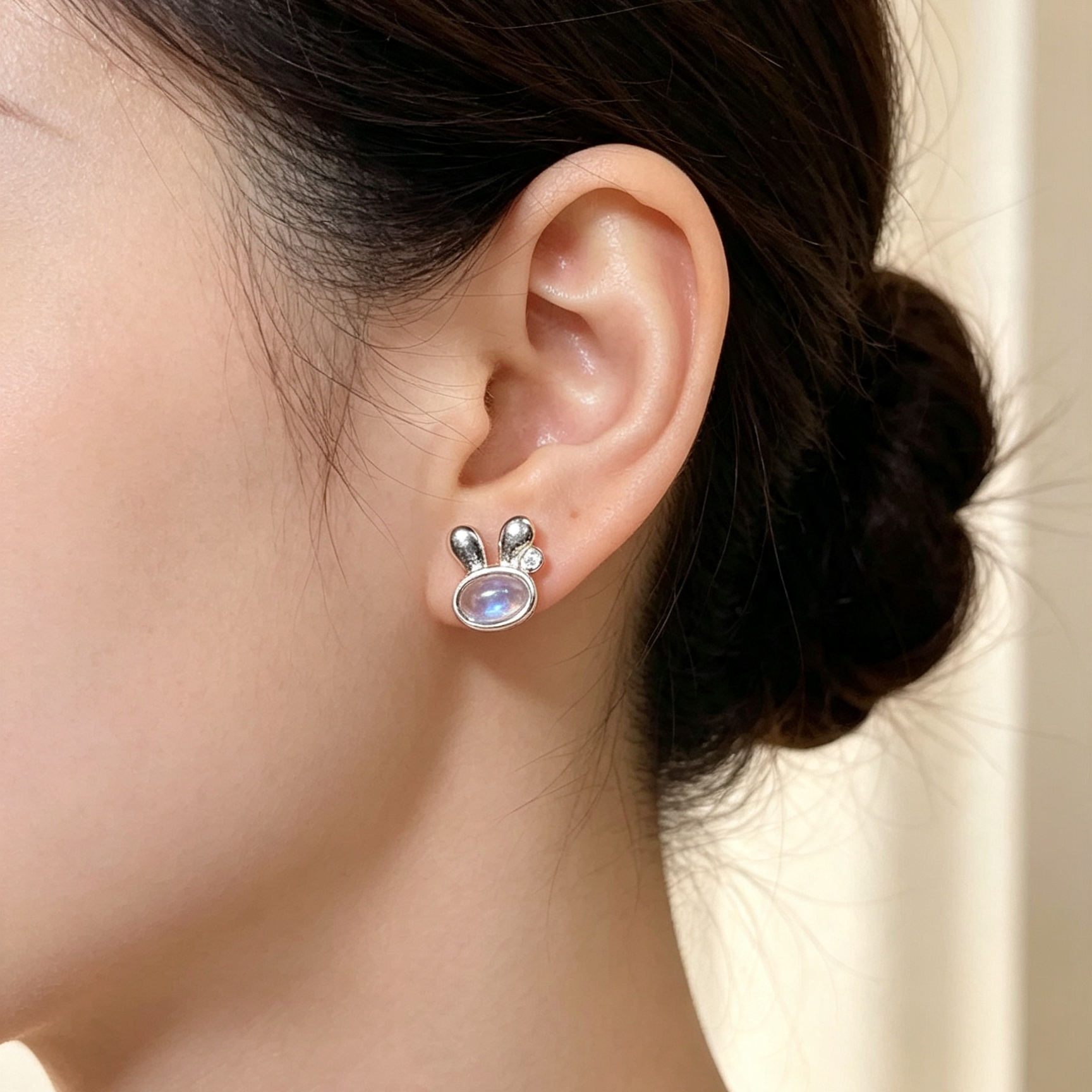 Natural Aquamarine Rabbit Stud Earrings, Cute Bunny Silver Crystal Ear Jewelry